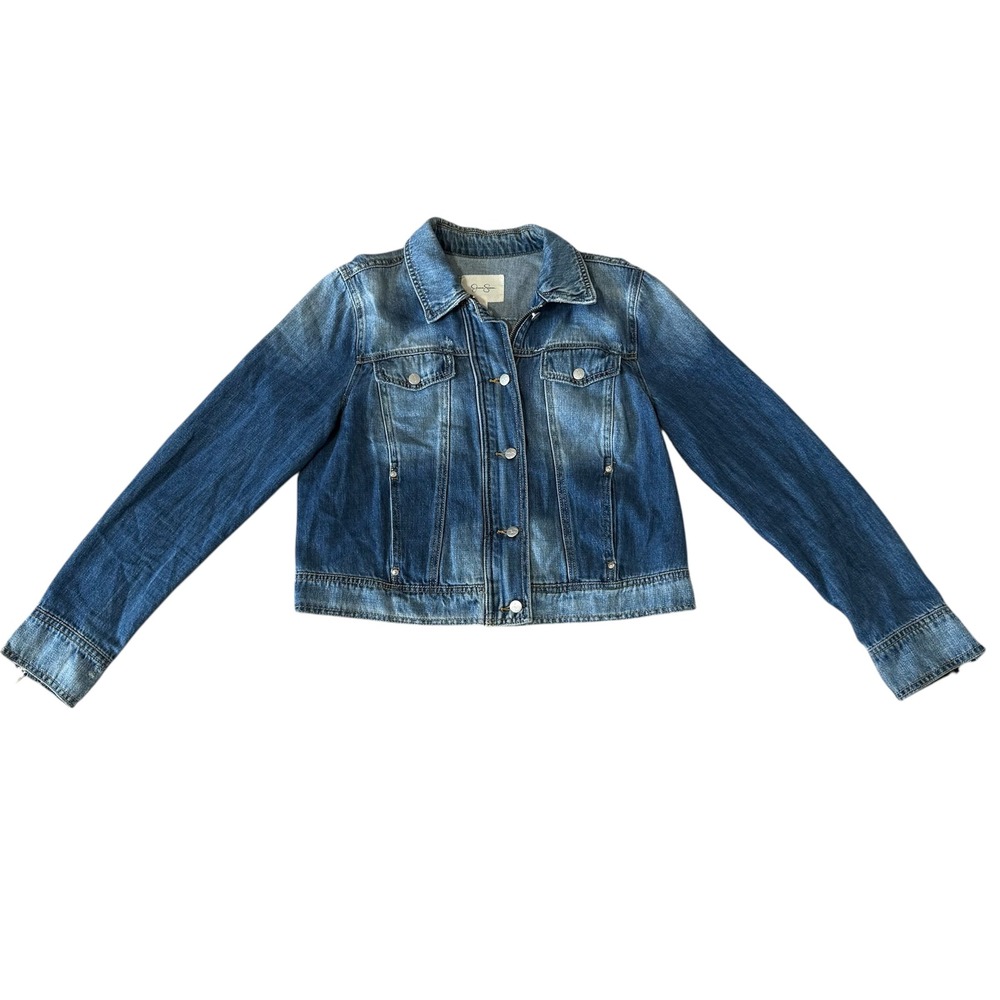 Jessica Simpson Womens Sz-Large Distressed Denim Trucker Jacket Blue  Zip Button